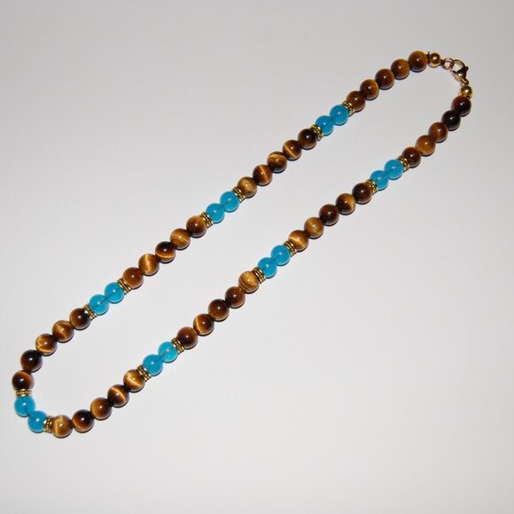 Tiger Eye Necklace,Tiger Eye and Blue Gemstone Beads - Picture 3 of 3